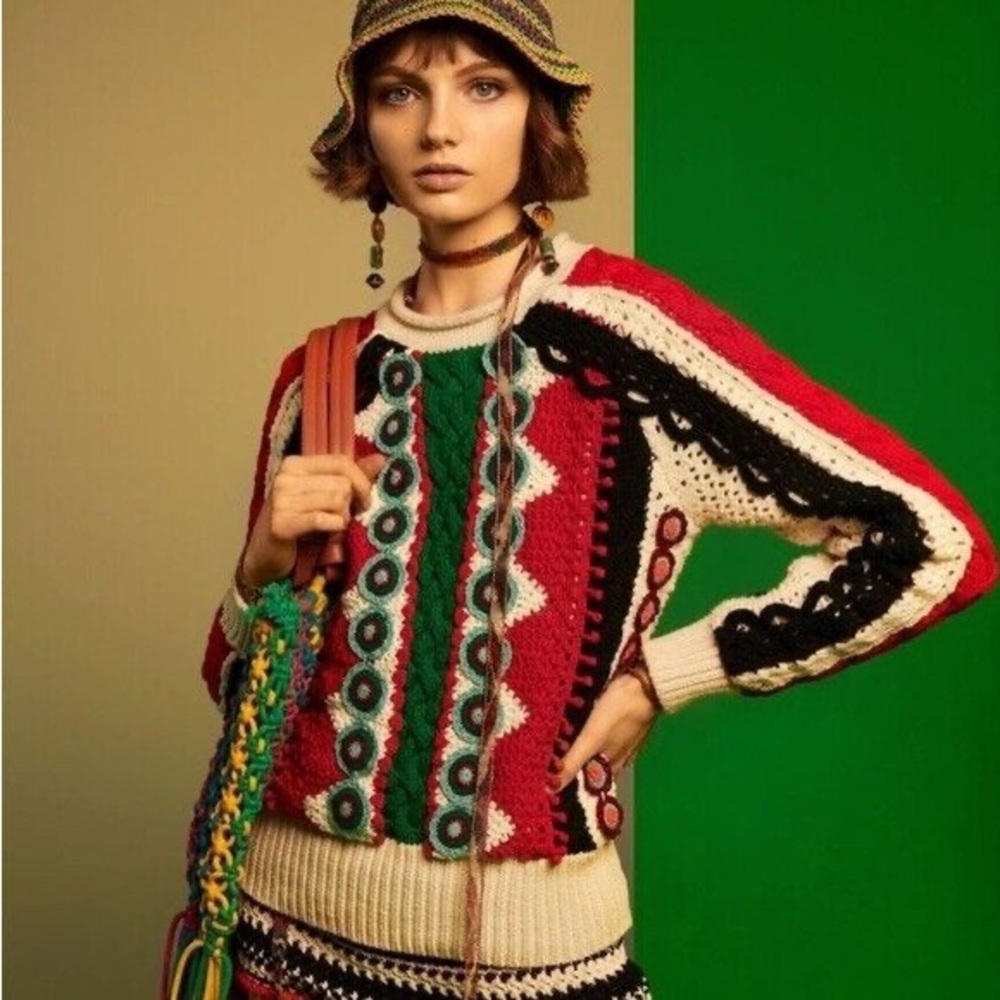 NWOT Zara Crochet Cable Knit Coogi Style Sweater Small